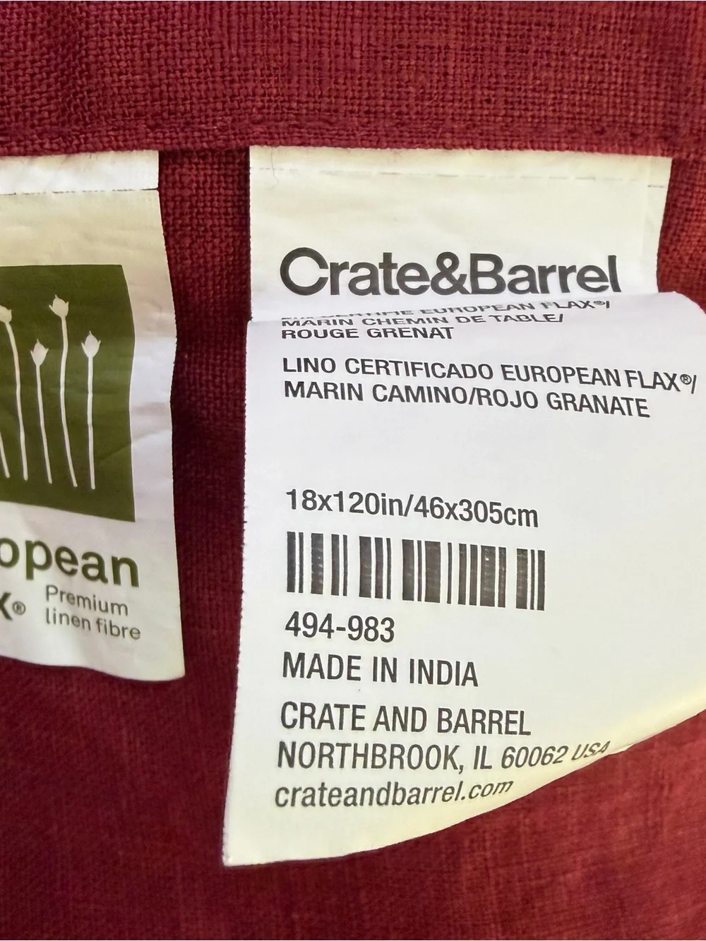 Crate & Barrel Linen Table Runner, Russet Red